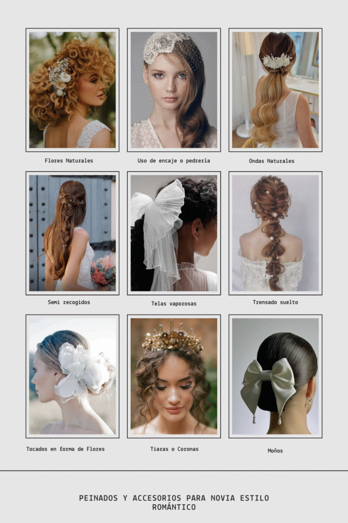 Ejemplos de peinado y accesorios para una boda estilo romántico.